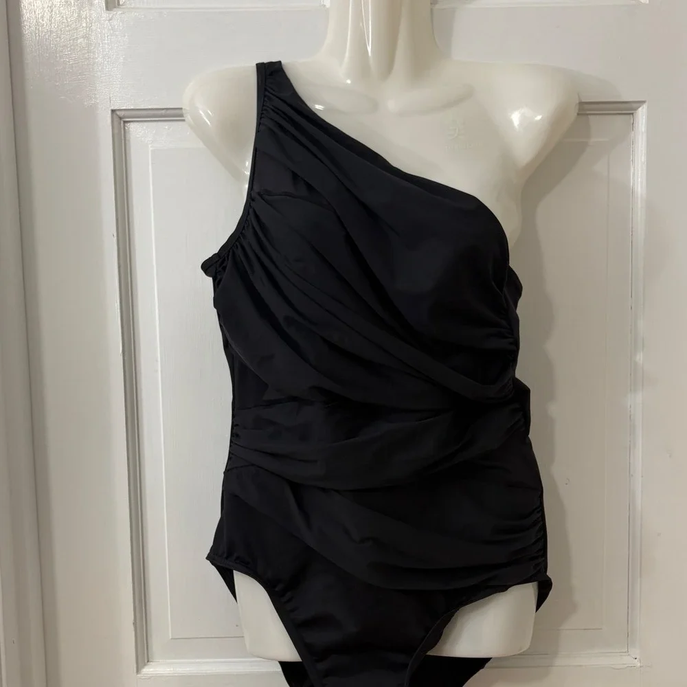 Miraclesuit Jena One Shoulder Swimsuit 10 (est) Black Mesh Slimming Ruched